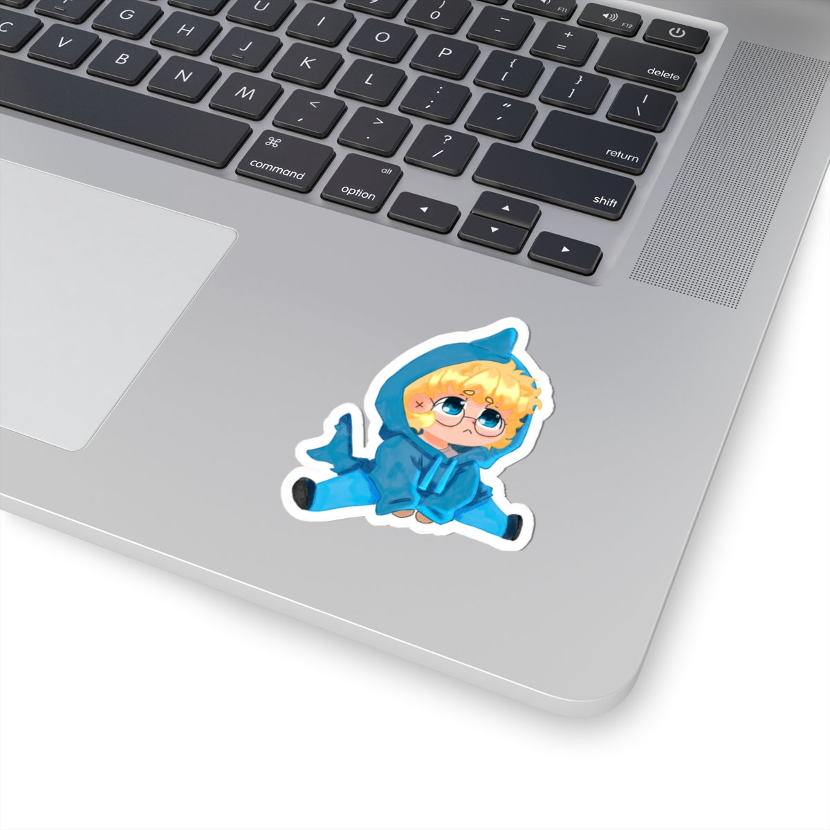 Cute Chibi Shark Onesie Sticker — Blue Hoodie Kiss-Cut Vinyl